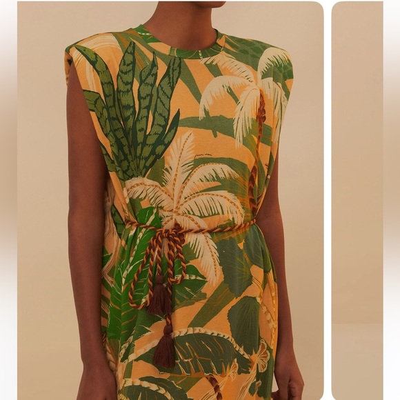 160$ Farm Rio Tropical Isla Padded Shoulders Midi Dress Size L Beige Green - Picture 7 of 12